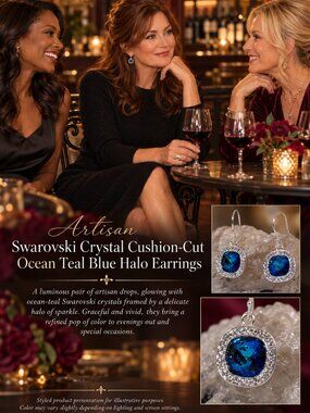 Artisan Crafted Swarovski Crystal Cushion-Cut Ocean Teal Blue Halo Earrings
